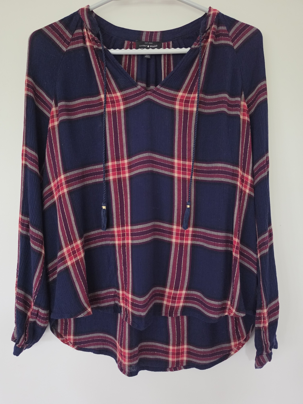 Lucky Brand LA  Boho Plaid Shirt. Women's size Small. 100% rayon.